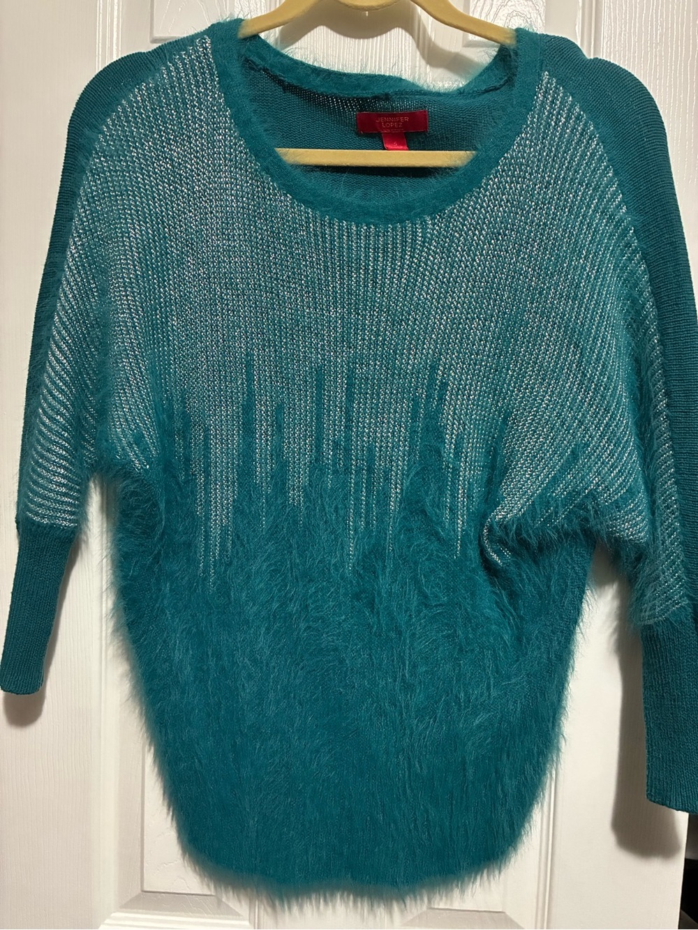 Jennifer Lopez Teal Fuzzy Knit Scoop Neck Sweater